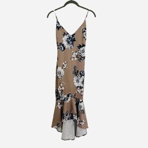 Floral Trumpet Hem Midi Dress - Tan, White and Blue